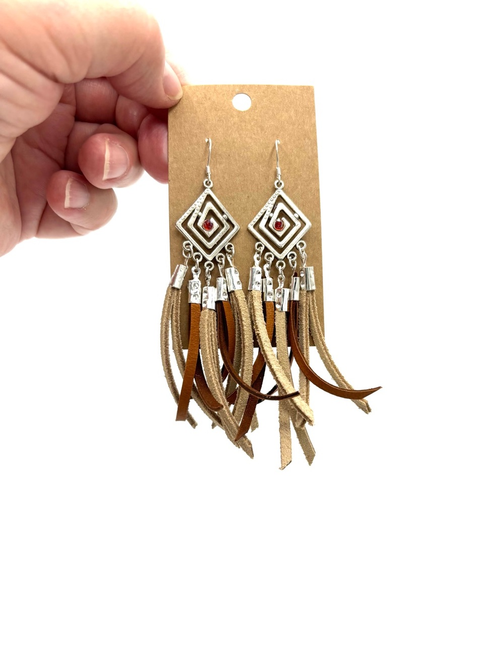 Hand Crafted Bohemian Tassel Drop Earrings in Brown and Tan - Picture 3 of 11
